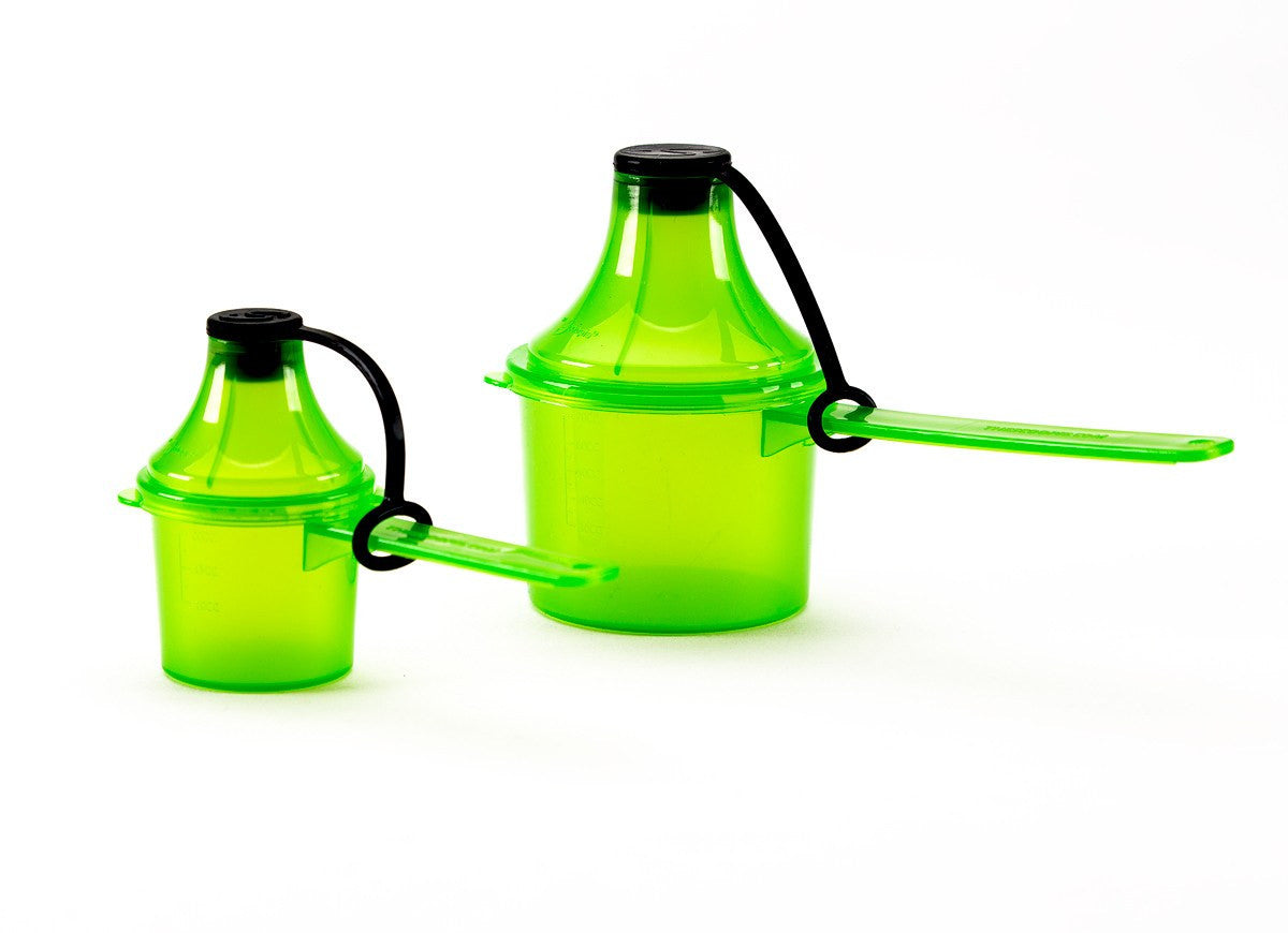 The Scoopie - 2 Pack (Double Pack) - 25 cc/mL 80 cc/mL - Pre (Small) and Post (Big) Workout Containers and Dispensers The Scoopie - Scoopie Portable Scoop Funnel 25cc/80cc Pre Post Double Pack